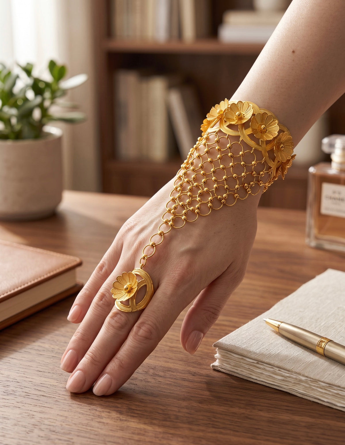 24K Gold-Plated Floral Hathphool Hand Jewelry – Bracelet Ring Chain Set for Women 6094