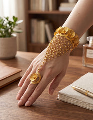 24K Gold-Plated Floral Hathphool Hand Jewelry – Bracelet Ring Chain Set for Women 6094