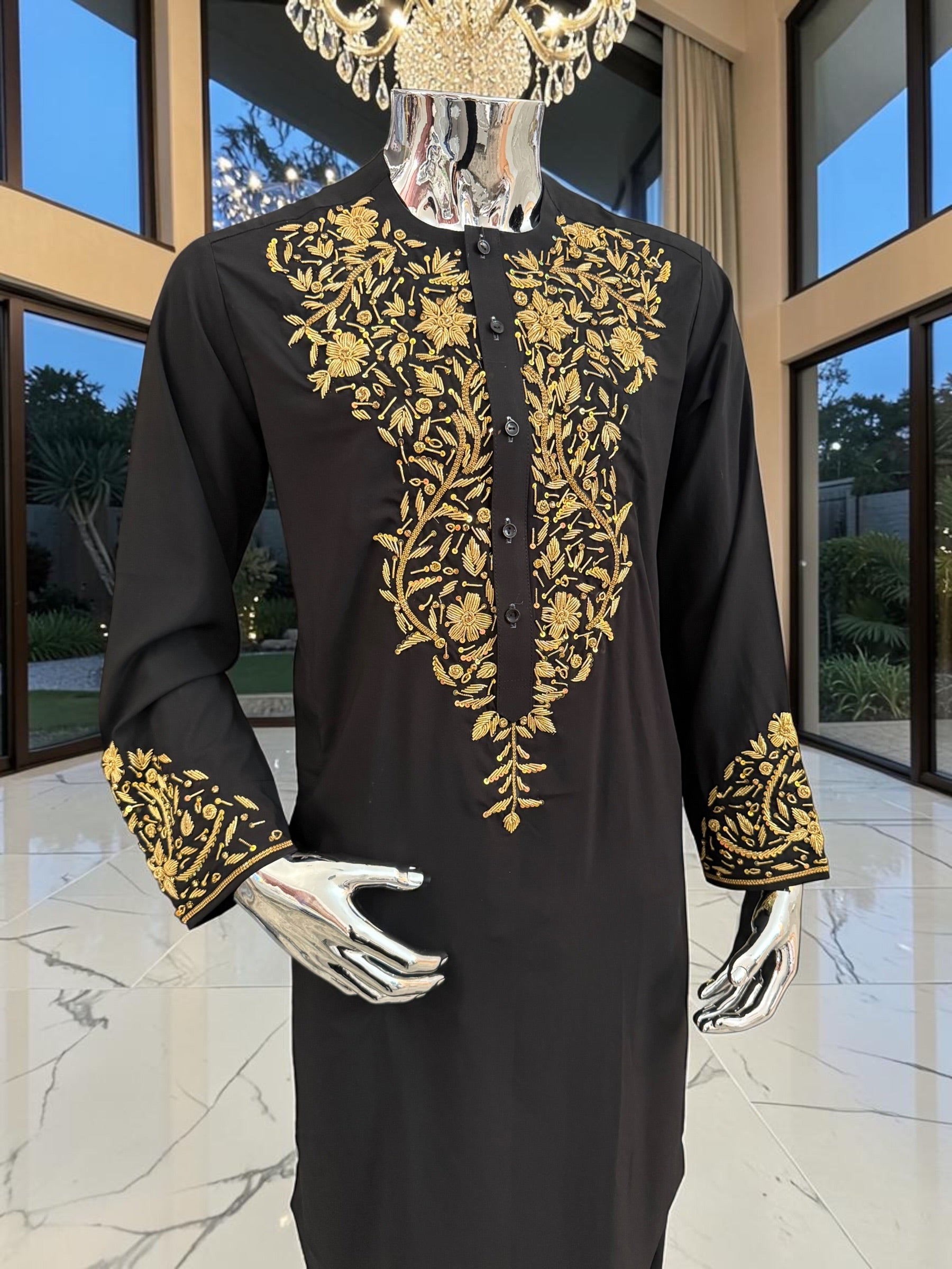 Handmade Afghan Selmadozi Embroidered Men’s Perahan Tunban – Luxury Traditional Formal Outfit – Available in Black, Ivory & White