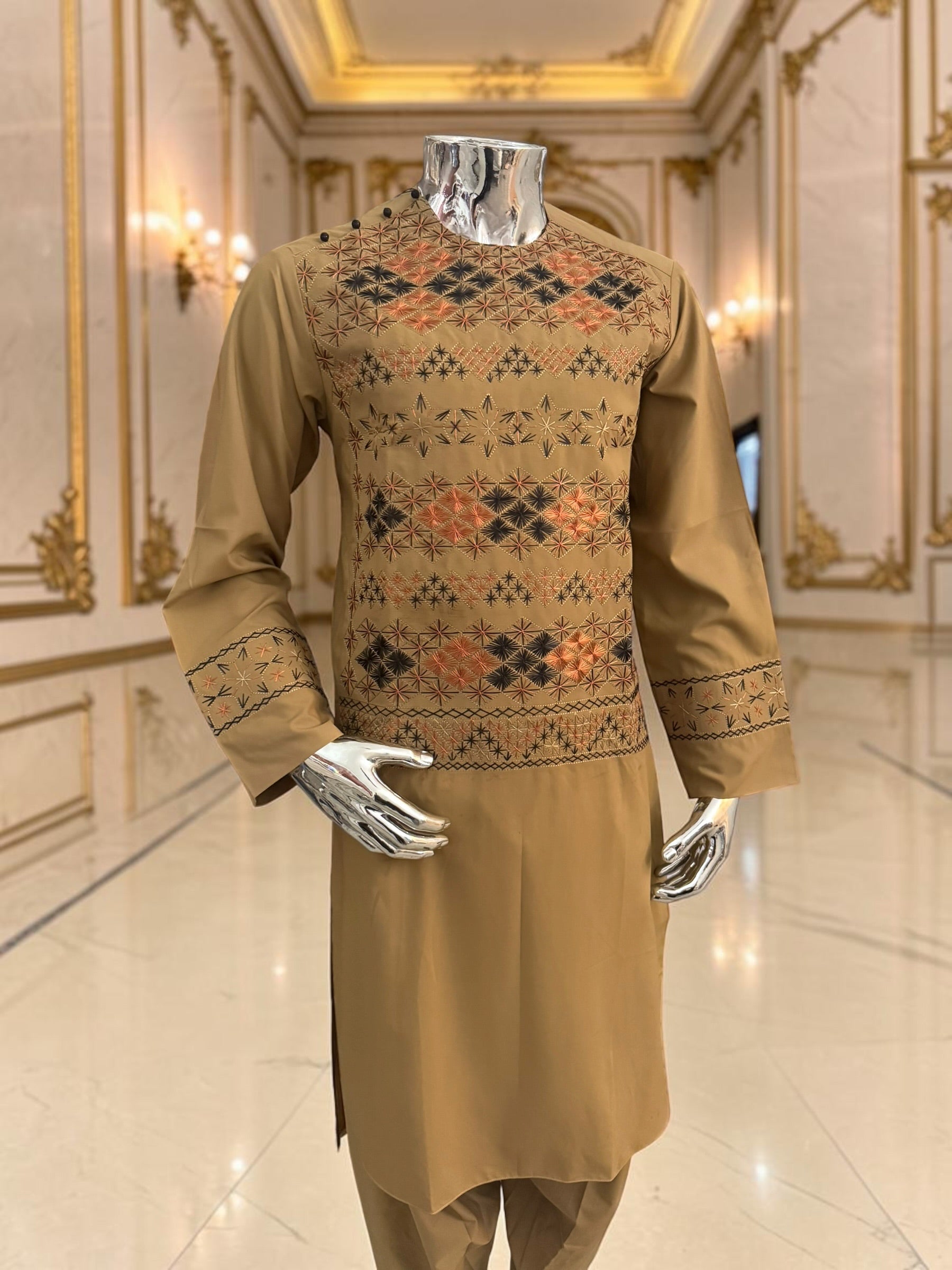 Hand Embroidered Camel Tan Afghan Parahan Tunban with Matching Shawl 5024