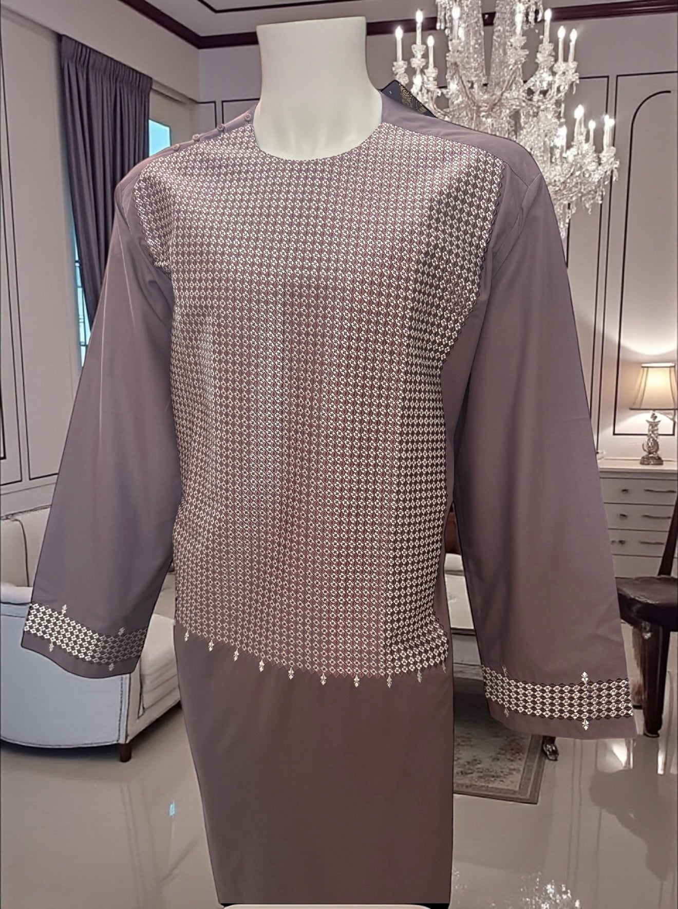 Traditional Afghan Parahan Tunban with Machine Embroidery – Plum – XL