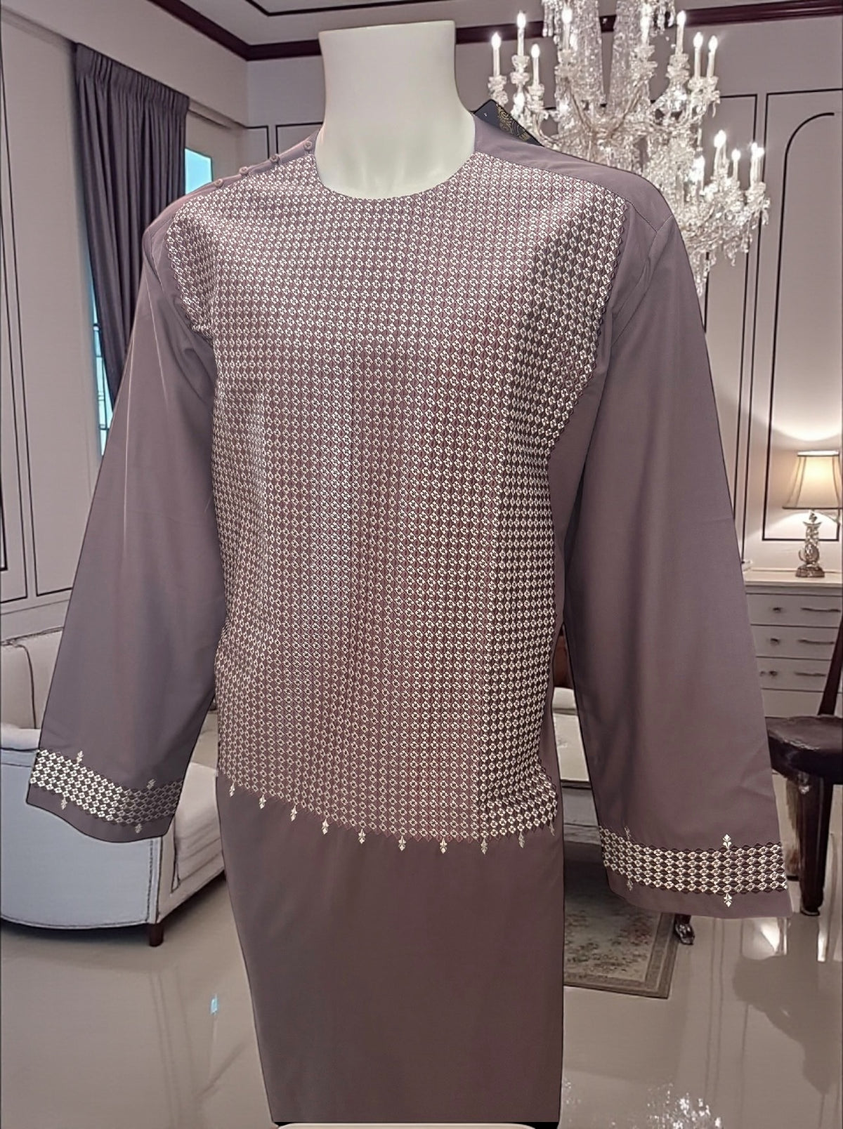 Traditional Afghan Parahan Tunban with Machine Embroidery – Plum – XL