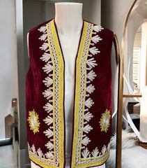 Men’s Maroon Velvet Afghan Vest with Gold & White Chermadozi | Handmade Traditional Waistcoat | Small