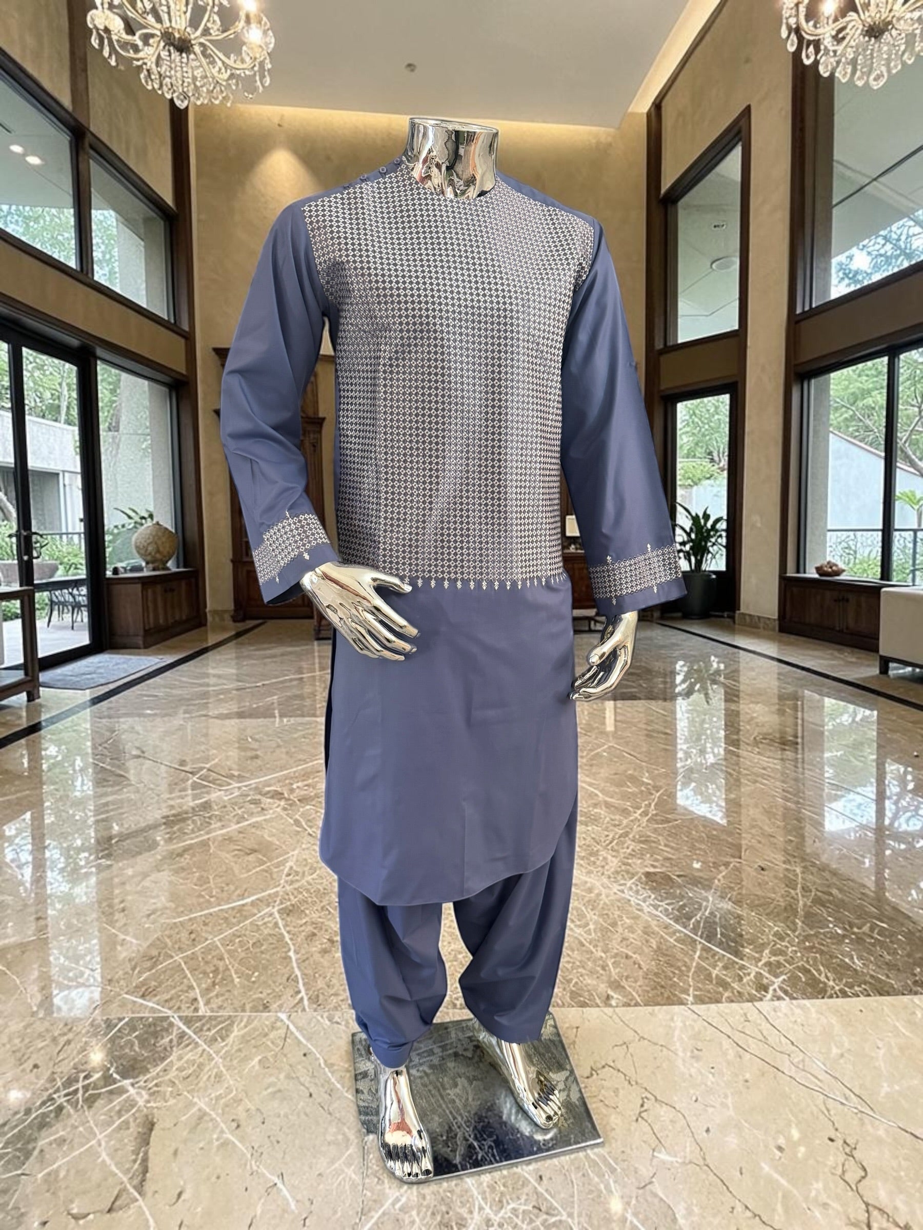 Small Afghan Parahan Tunban Kameese Shalwar Slate Blue Silver Machine Embroidery