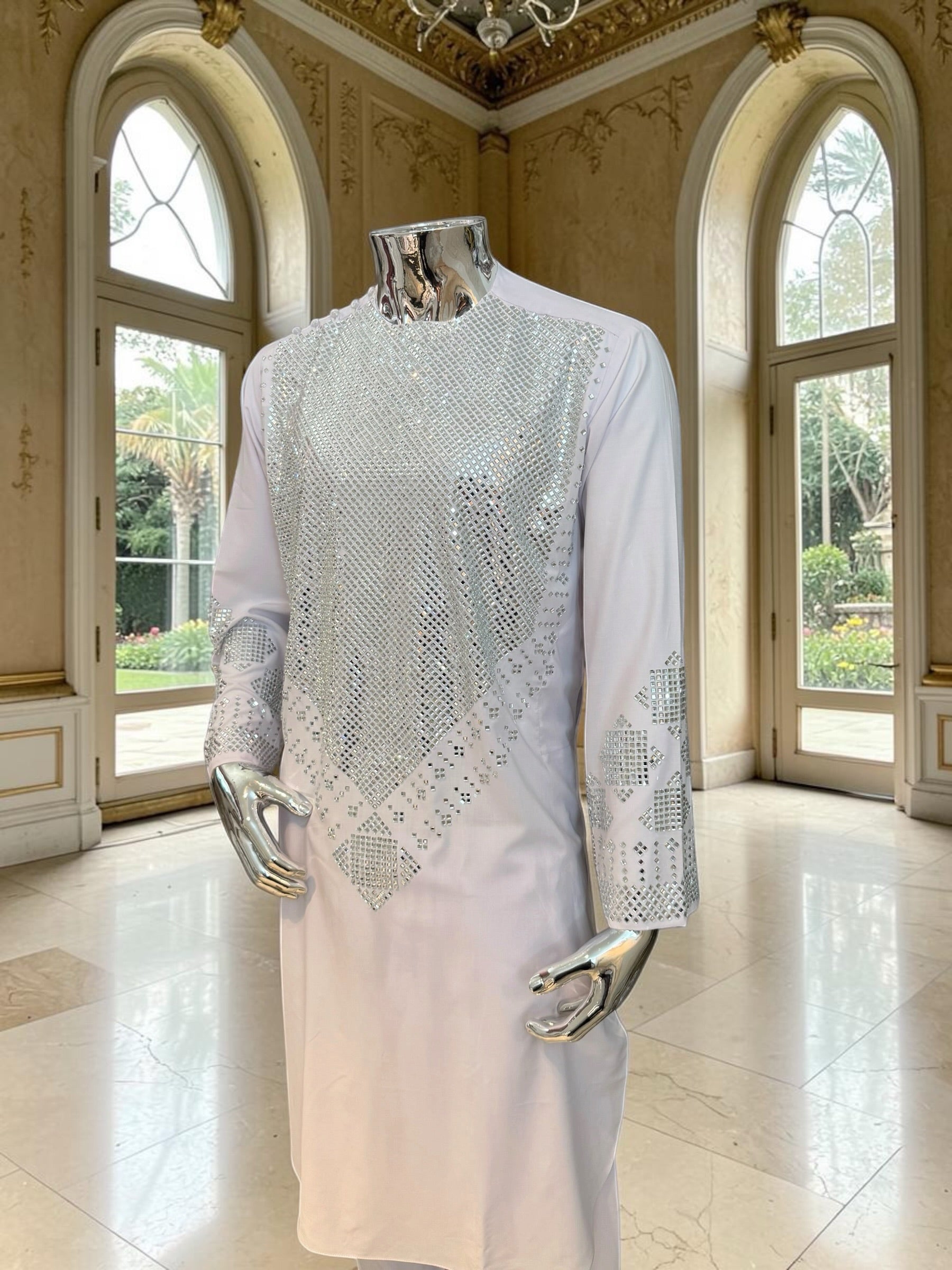 Premium White Afghan Parahan Tunban with Silver Shesha Mirror Work