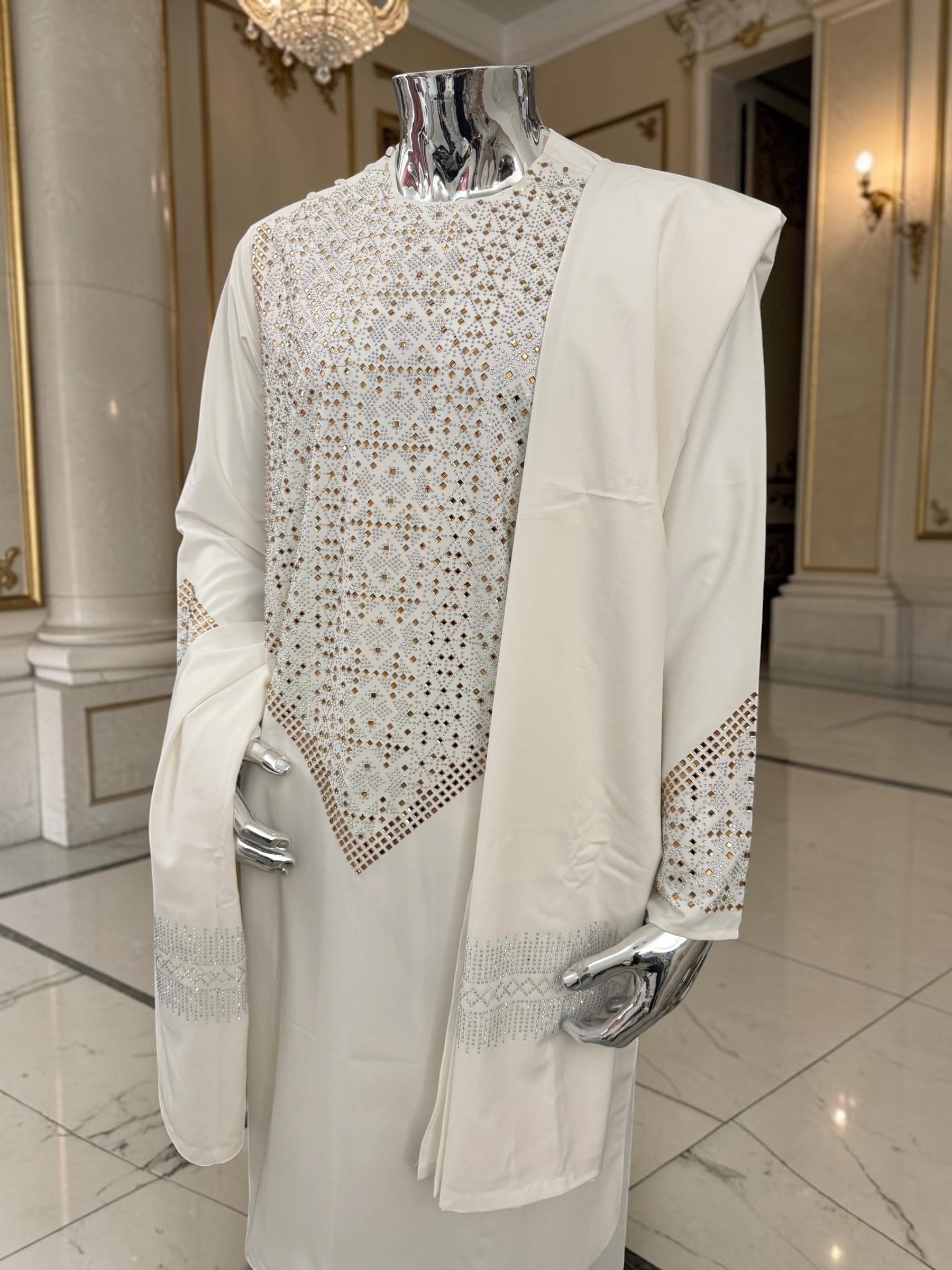 Men’s off white Afghan Parahan Tunban with Gold & Silver Embellishments and Shawl – 3-Piece Set shesha work 5042
