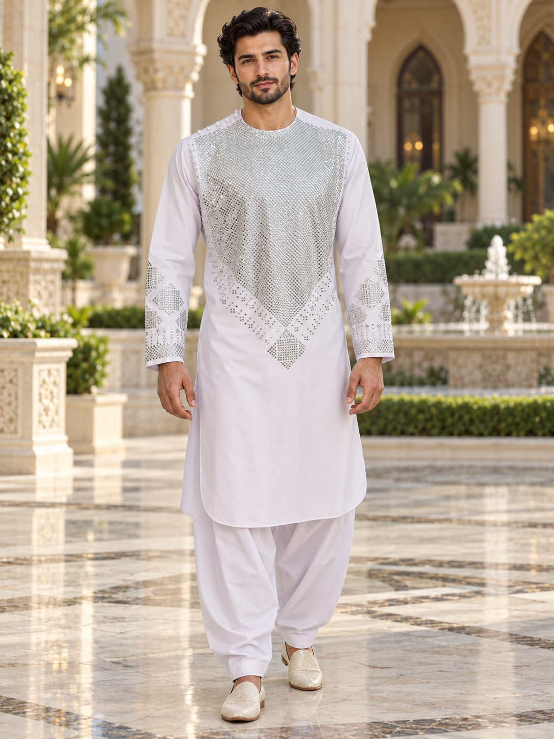 Premium White Afghan Parahan Tunban with Silver Shesha Mirror Work