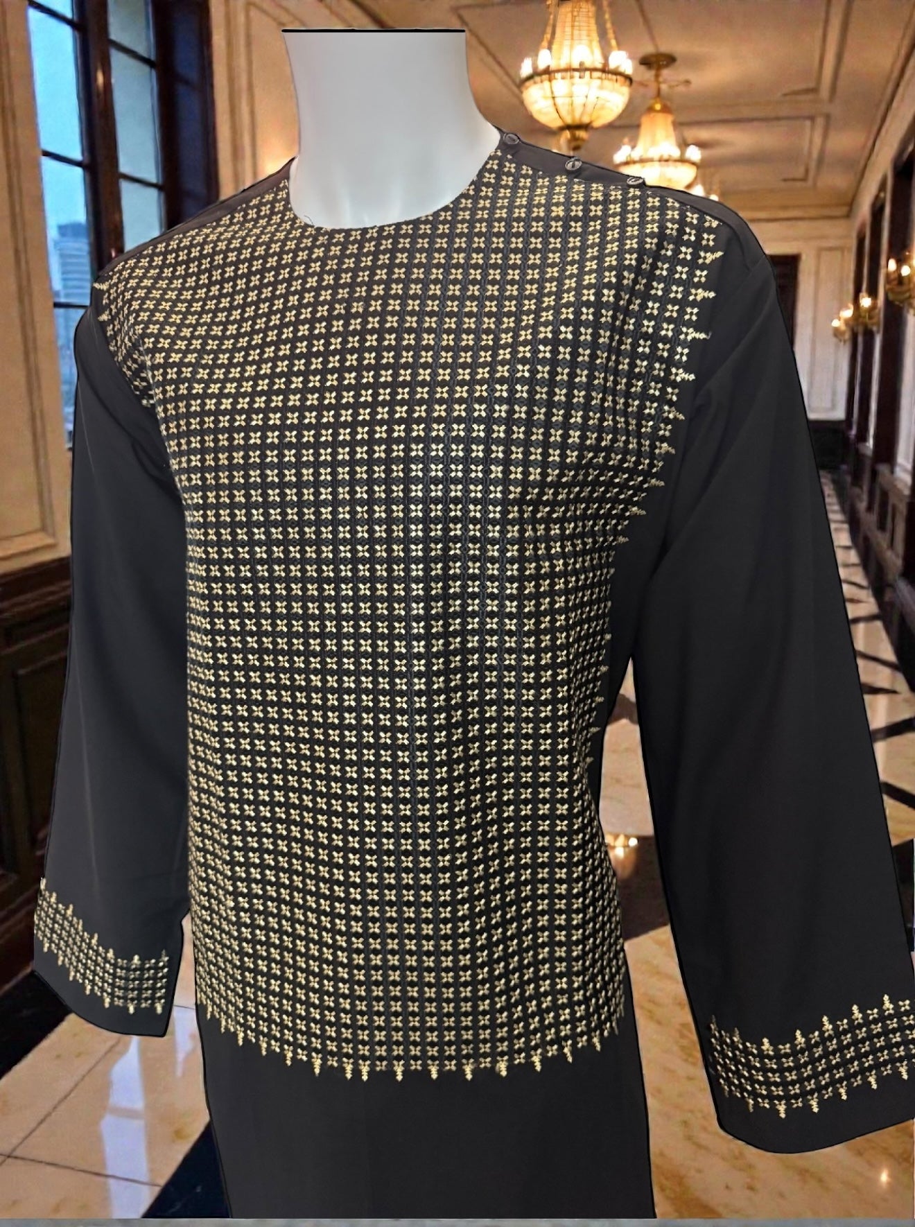 X-Large Black Afghan Parahan Tunban for Men with Machine Embroidery