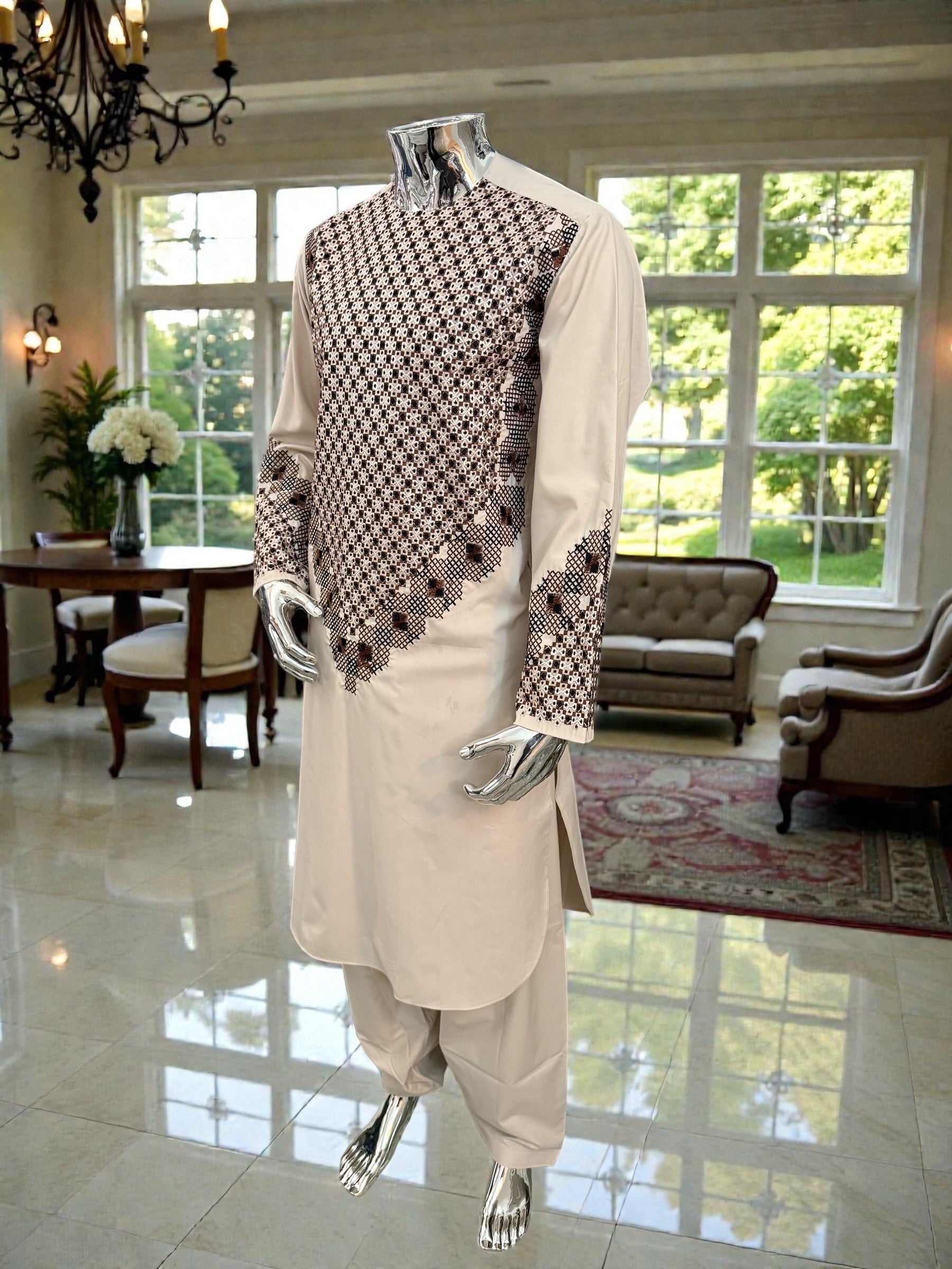 Men’s Cream Kameez with Brown and Black Embroidery – Large  fabric defect special price
