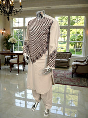 Men’s Cream Kameez with Brown and Black Embroidery – Large  fabric defect special price