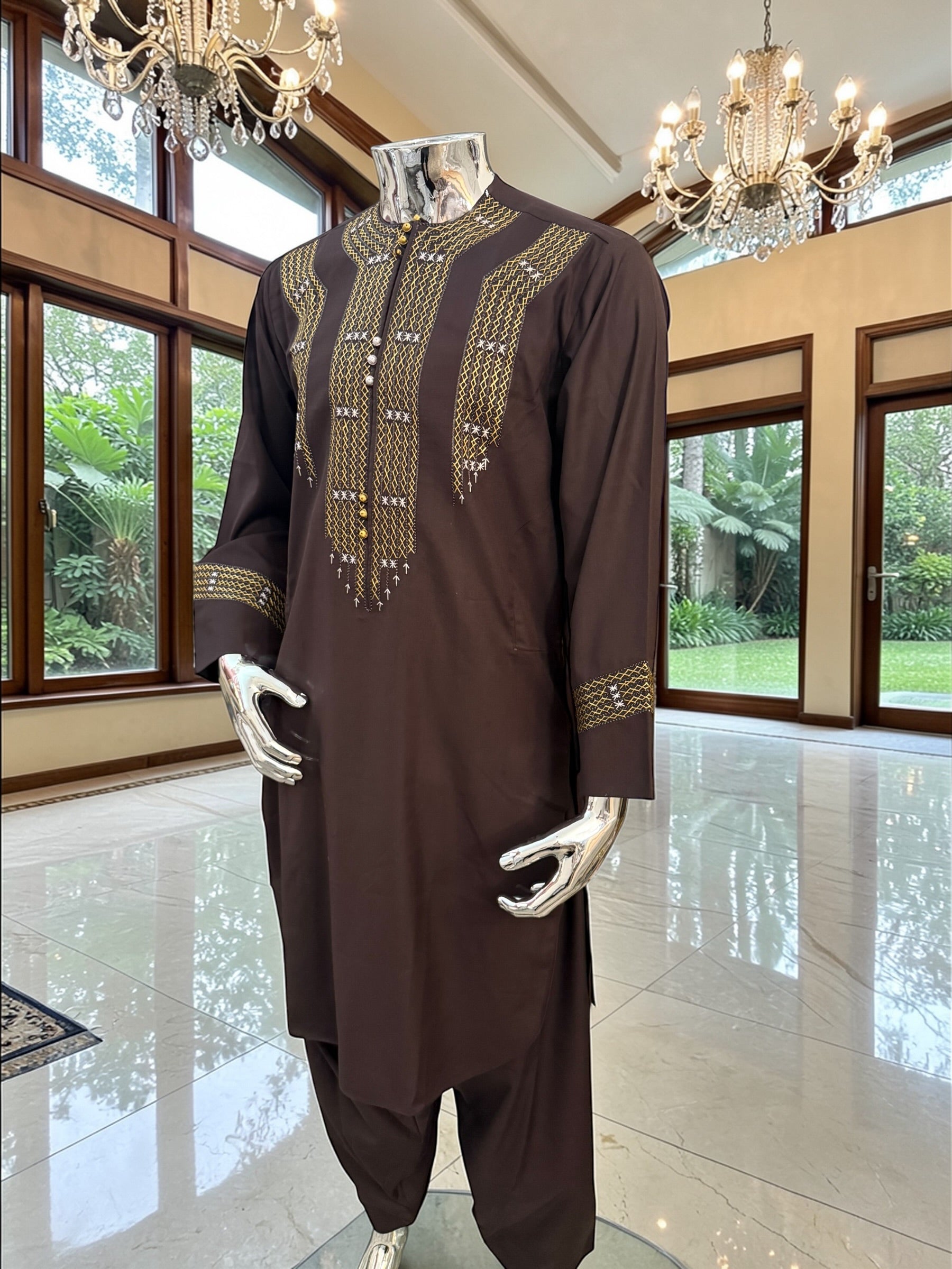Hand Embroidered Afghan Parahan Tunban – Brown, Small to Extra Small