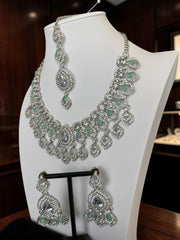Silver Tone Mint Green Bridal Jewelry Set with Clear Crystal Accents – Necklace, Earrings & Maang Tikka | Indian Pakistani Afghan Wedding Jewelry | Gift Box Included 6027
