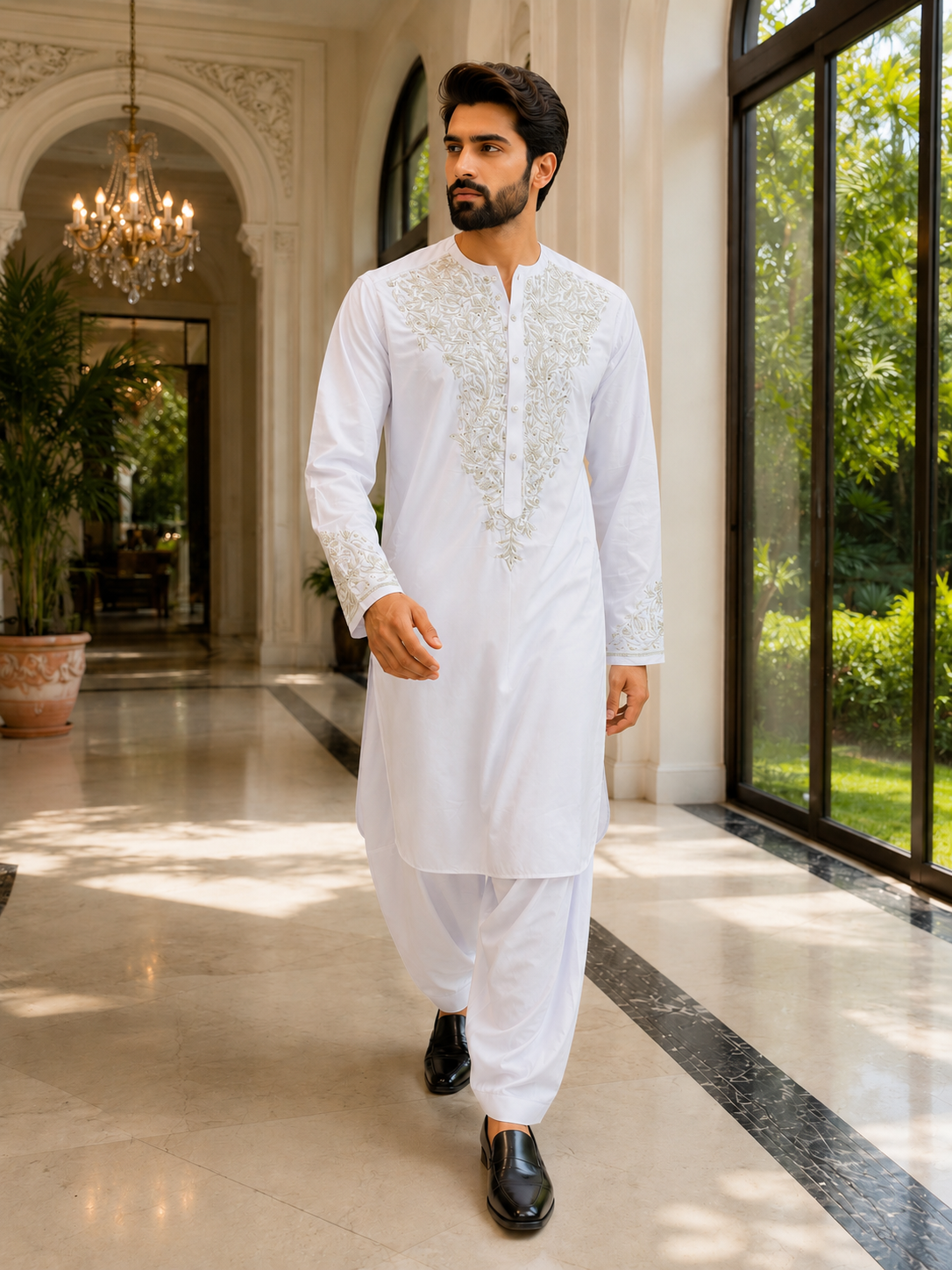 Handmade Afghan Selmadozi Embroidered Men’s Perahan Tunban – Luxury Traditional Formal Outfit – Available in Black, Ivory & White