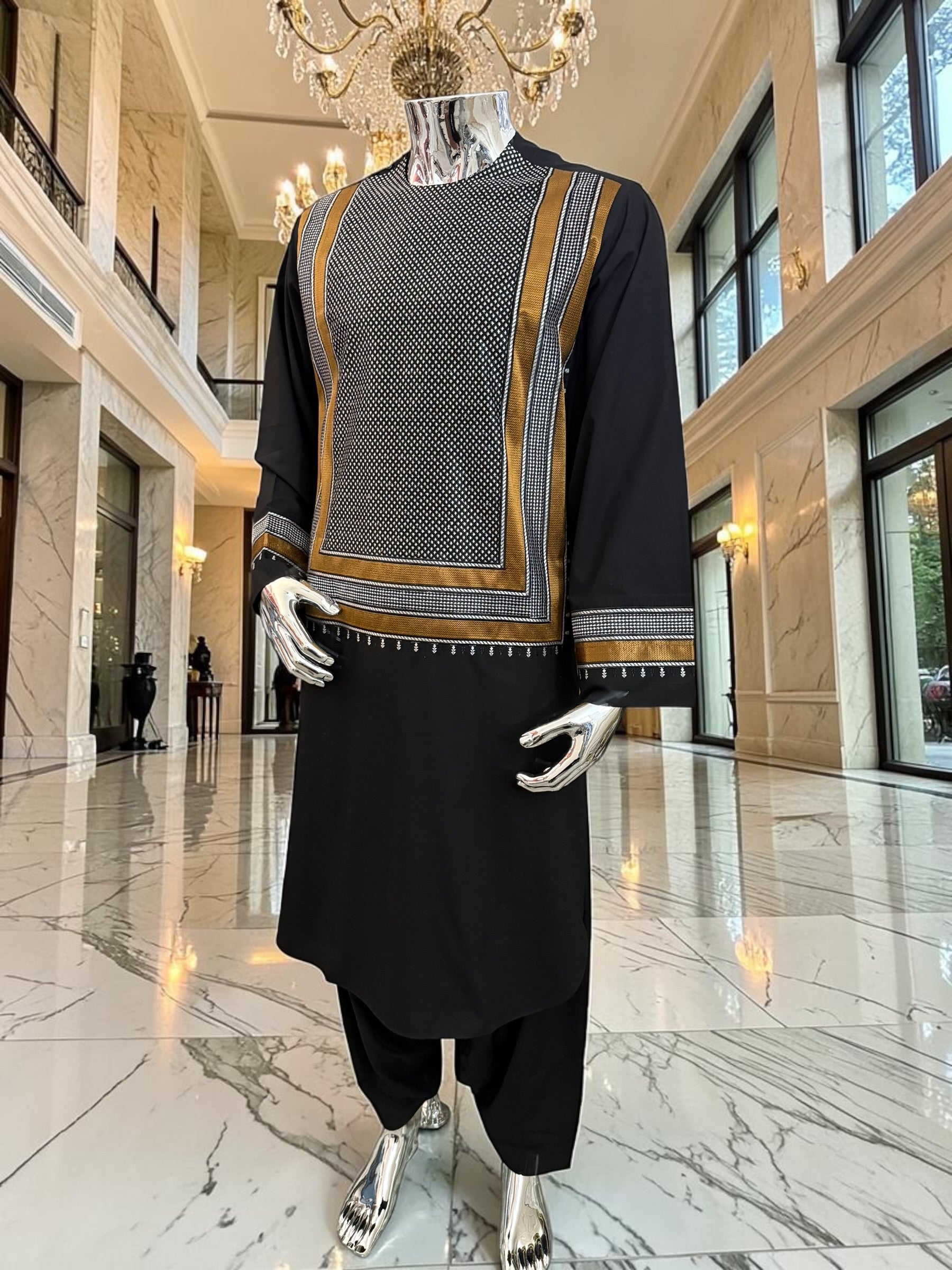 Large Men’s Black Parahan Tunban with White & Bronze Embroidery | Premium Afghan Traditional Wear – Luqmaan Boutique