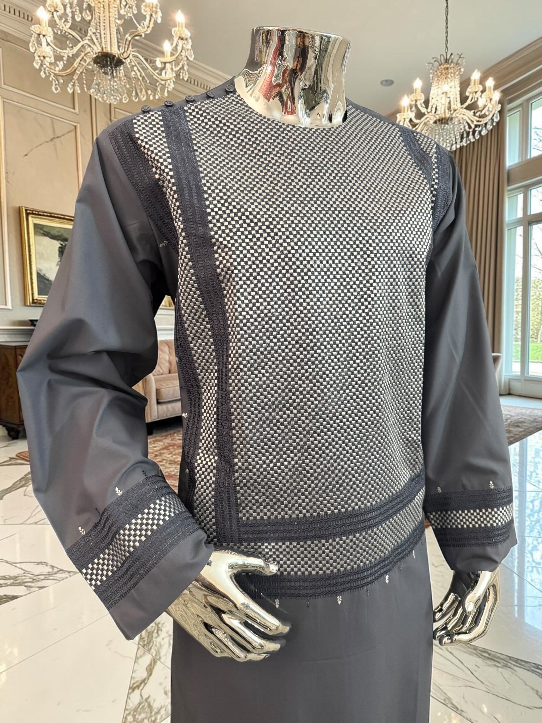X-Large Charcoal Grey Men’s Shalwar Kameez Yakhandozi with Matching Grey and White Geometric Embroidery | Premium Traditional Wear