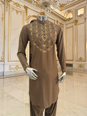 Men’s Brown Hand-Embroidered Designer Afghan Parahan Tunban Set 5034
