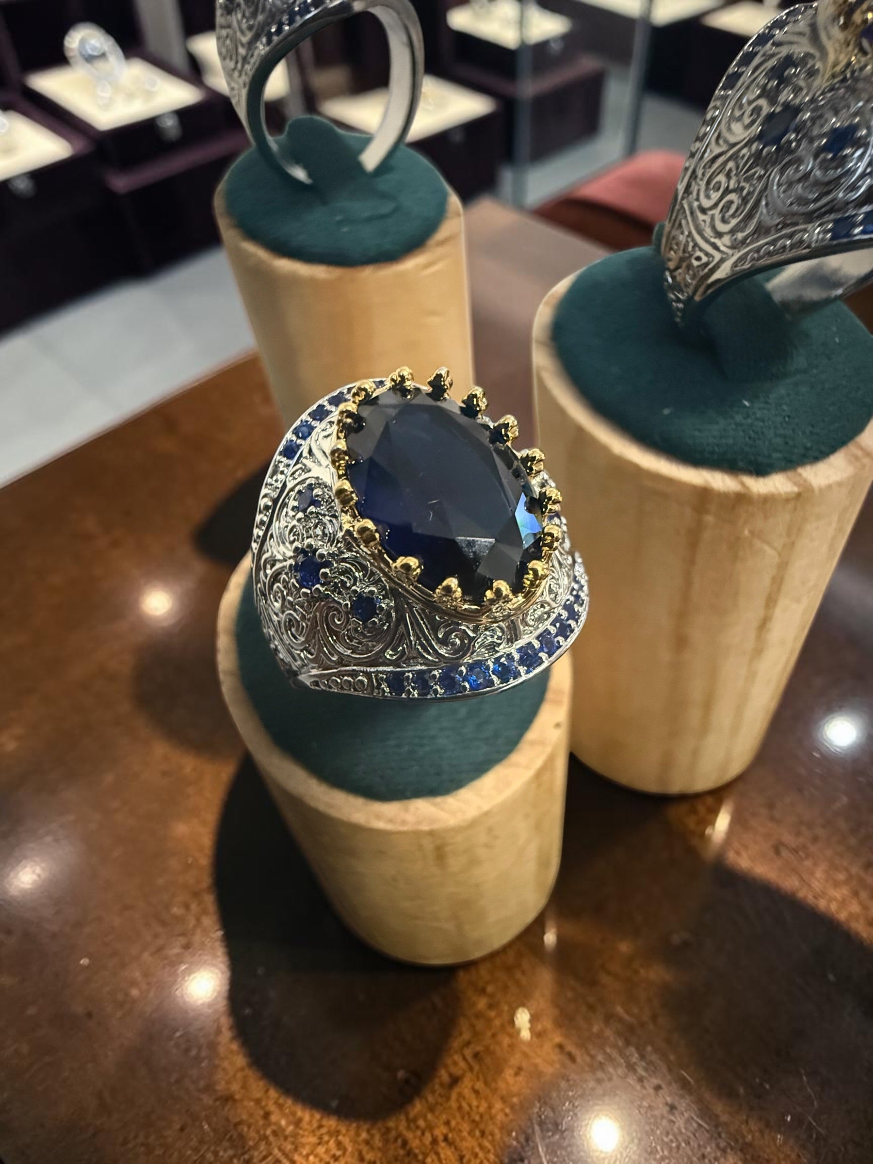Vintage Blue Zircon Statement Ring – Two-Tone Gold & Silver Plated Brass Oval Crystal Ring for Men and Women 6076
