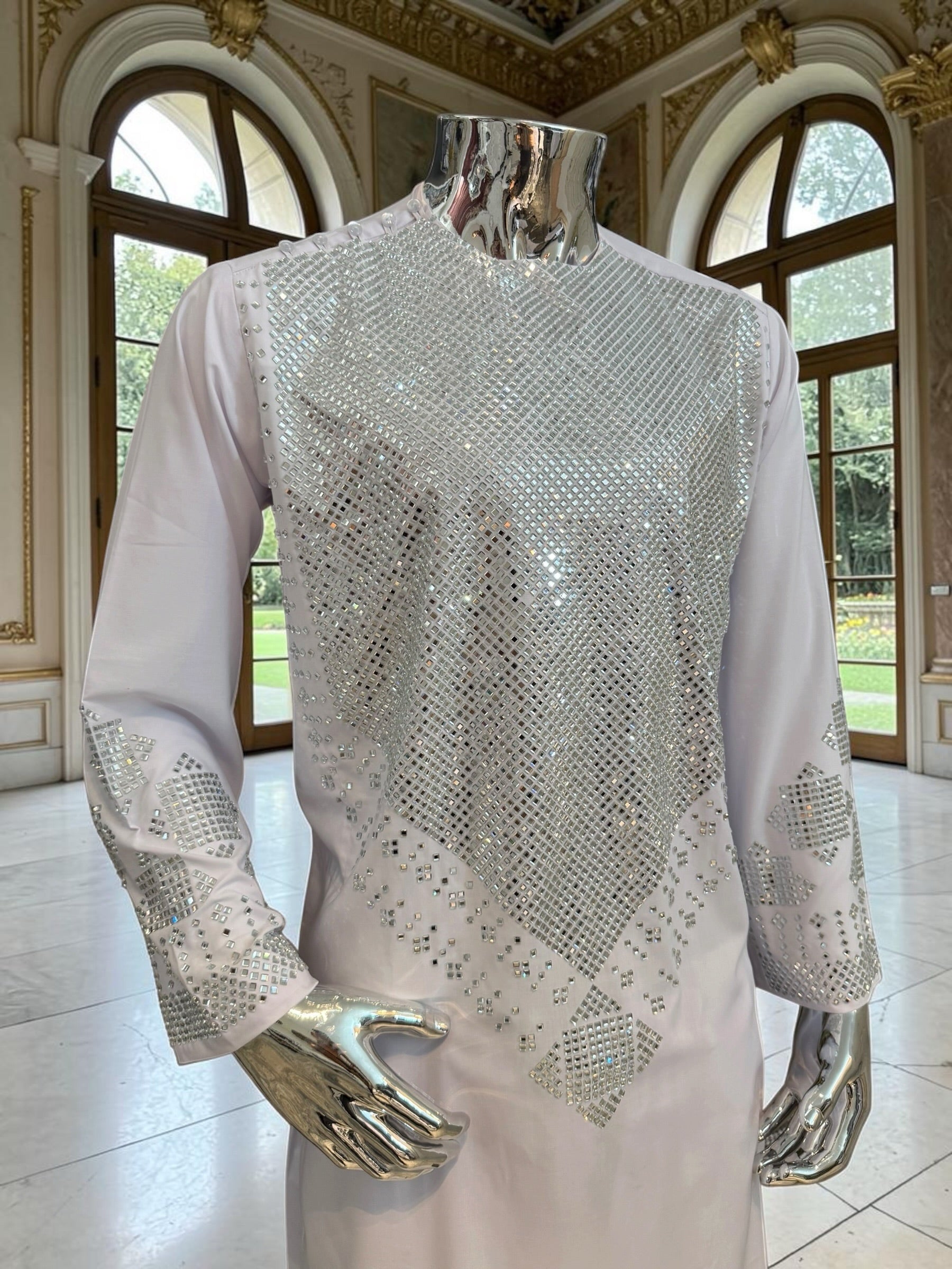 Premium White Afghan Parahan Tunban with Silver Shesha Mirror Work