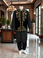 Black Velvet Waistcoat – Heavy Handmade Gold Zari & Dabka Embroidery | Luxury Wedding Medium to Large