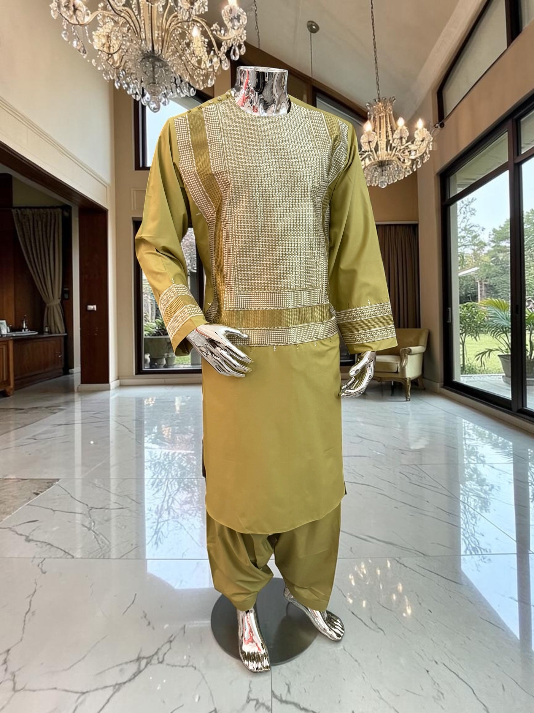 Large Green Afghan Parahan Tunban Set with Premium Machine Embroidery