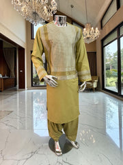Large Green Afghan Parahan Tunban Set with Premium Machine Embroidery