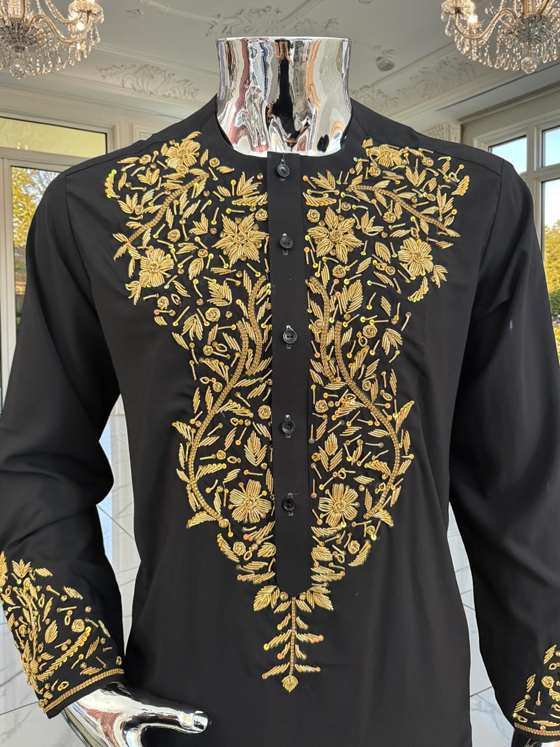 Handmade Afghan Selmadozi Embroidered Men’s Perahan Tunban – Luxury Traditional Formal Outfit – Available in Black, Ivory & White