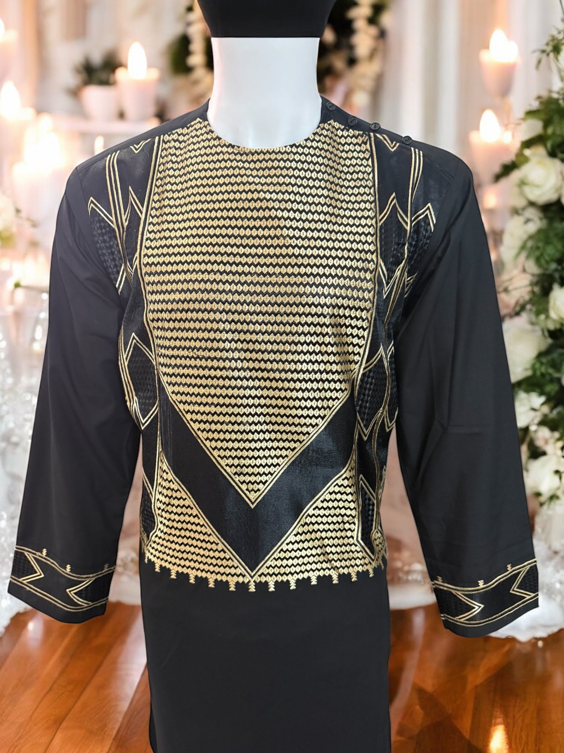 Afghan Parahan Tunban for Men Machine Embroidered Black Gold Traditional Wear Medium