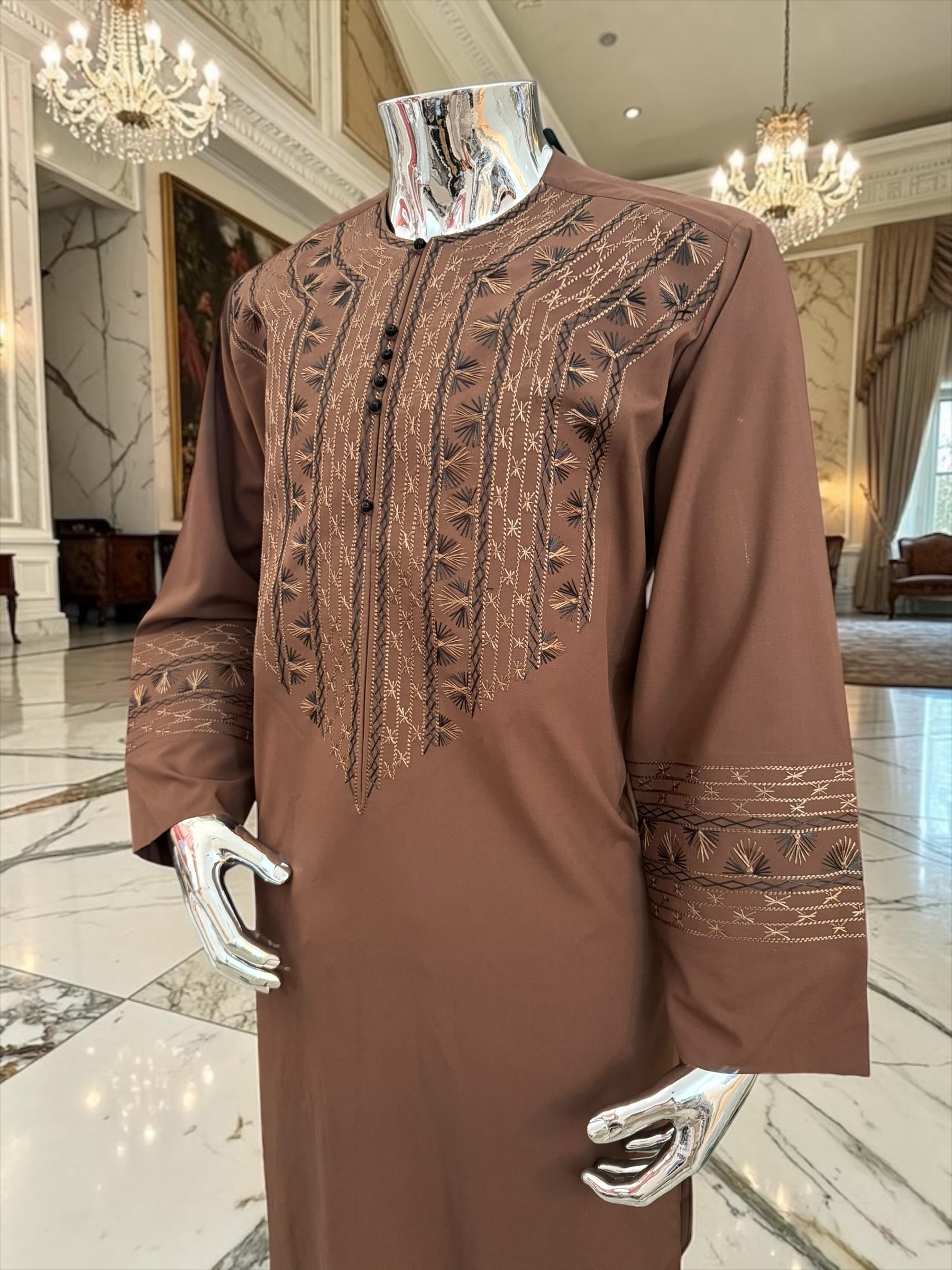 Men’s Chocolate Brown Embroidered Afghan Parahan Tunban with Matching Shawl Handmade