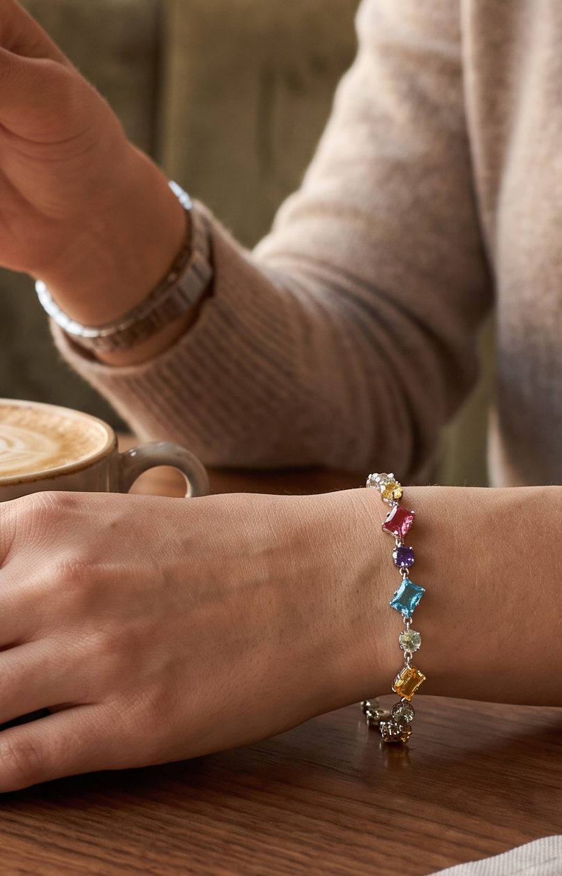 Multicolor Crystal Tennis Bracelet – Rainbow Geometric Stone Silver-Tone Bracelet for Women 7067
