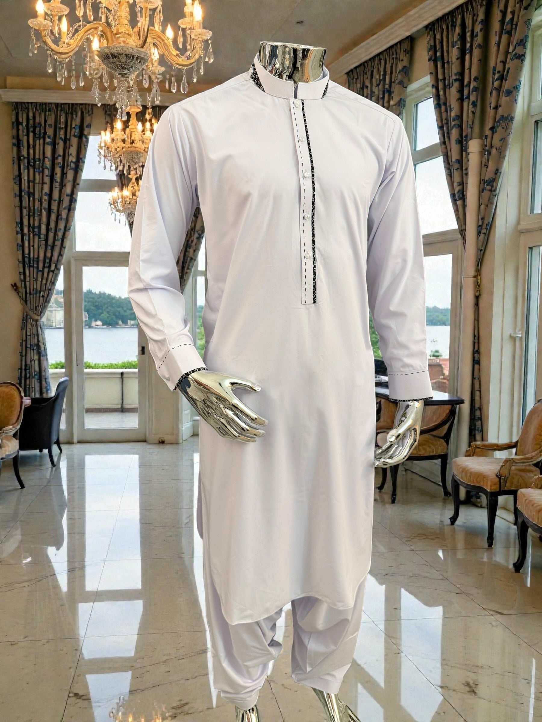 Men’s White Afghan Parahan Tumban with Black Embroidered Placket – Premium Cotton-Blend Fabric | Medium Size
