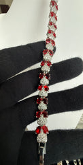 Ruby Red Crystal Heart Link Bracelet – Silver Tone Sparkling Statement Jewelry 7102
