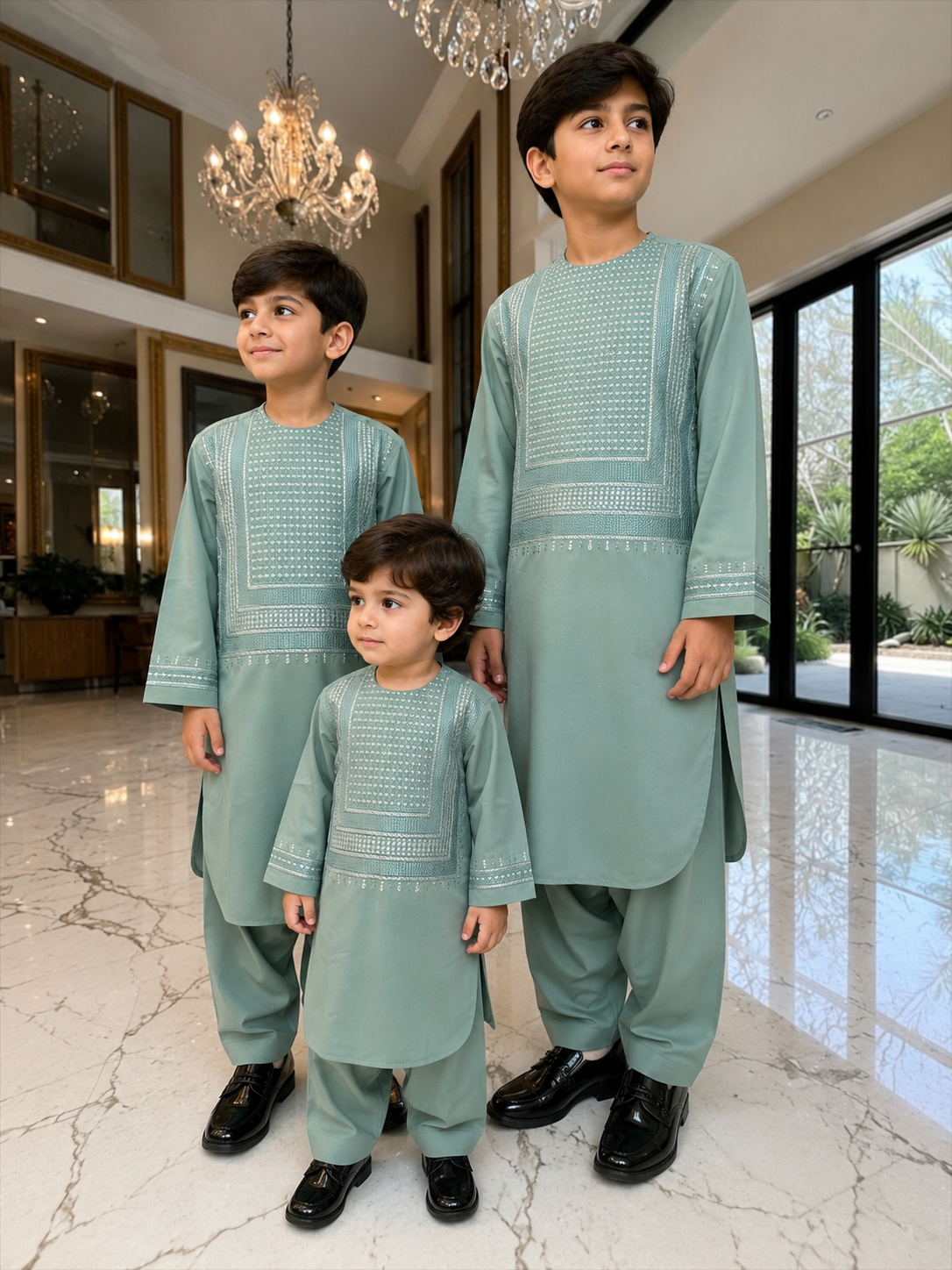 Kids Afghan Parahan Tunban Set – Premium Embroidered Traditional Afghan Outfit for Boys | Sage Green Eid & Wedding Wear (1–12 Years) Design #24