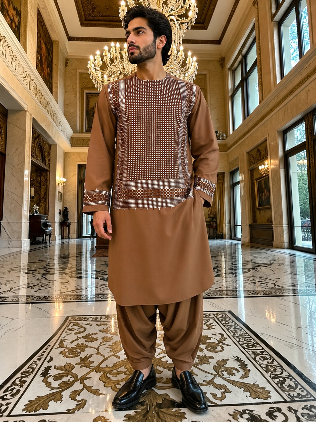 Medium Brown Parahan Tunban with White Embroidery | Traditional Afghan Men’s Wear