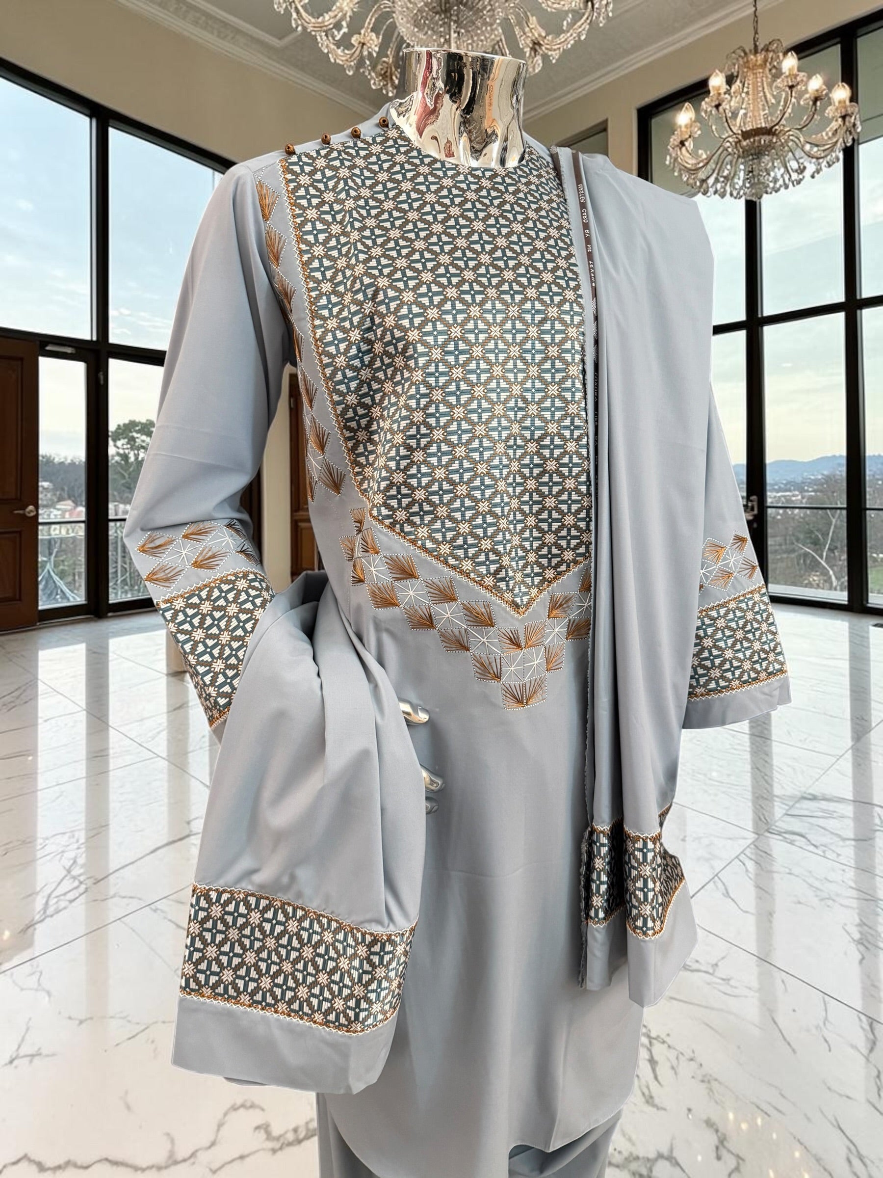Medium Silver Gray Hand Embroidered Afghan Parahan Tunban Set with Matching Chadder