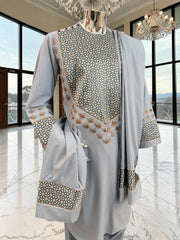 Medium Silver Gray Hand Embroidered Afghan Parahan Tunban Set with Matching Chadder