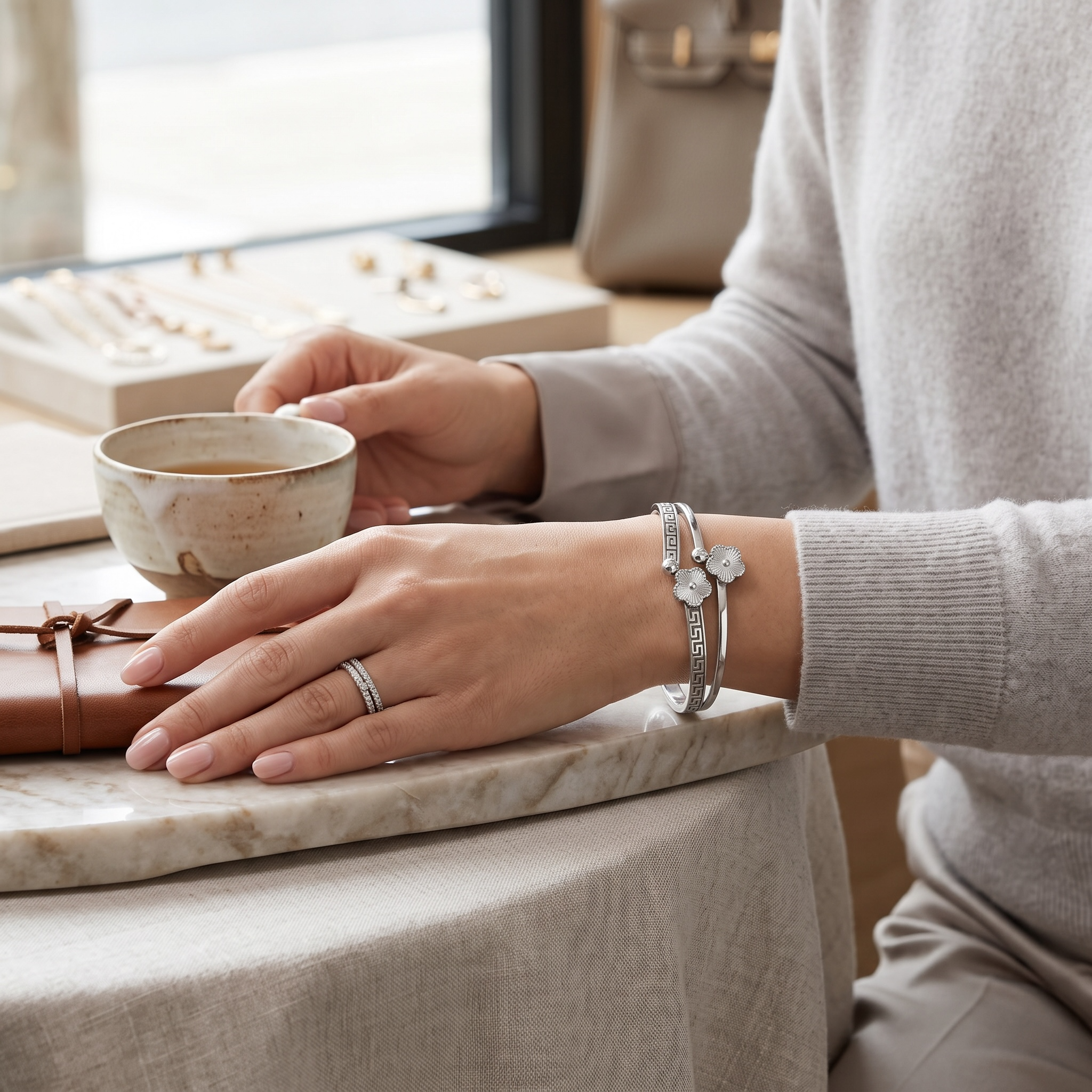 Greek Key Floral Open Cuff Bangle Bracelet – Gold or Silver Tone