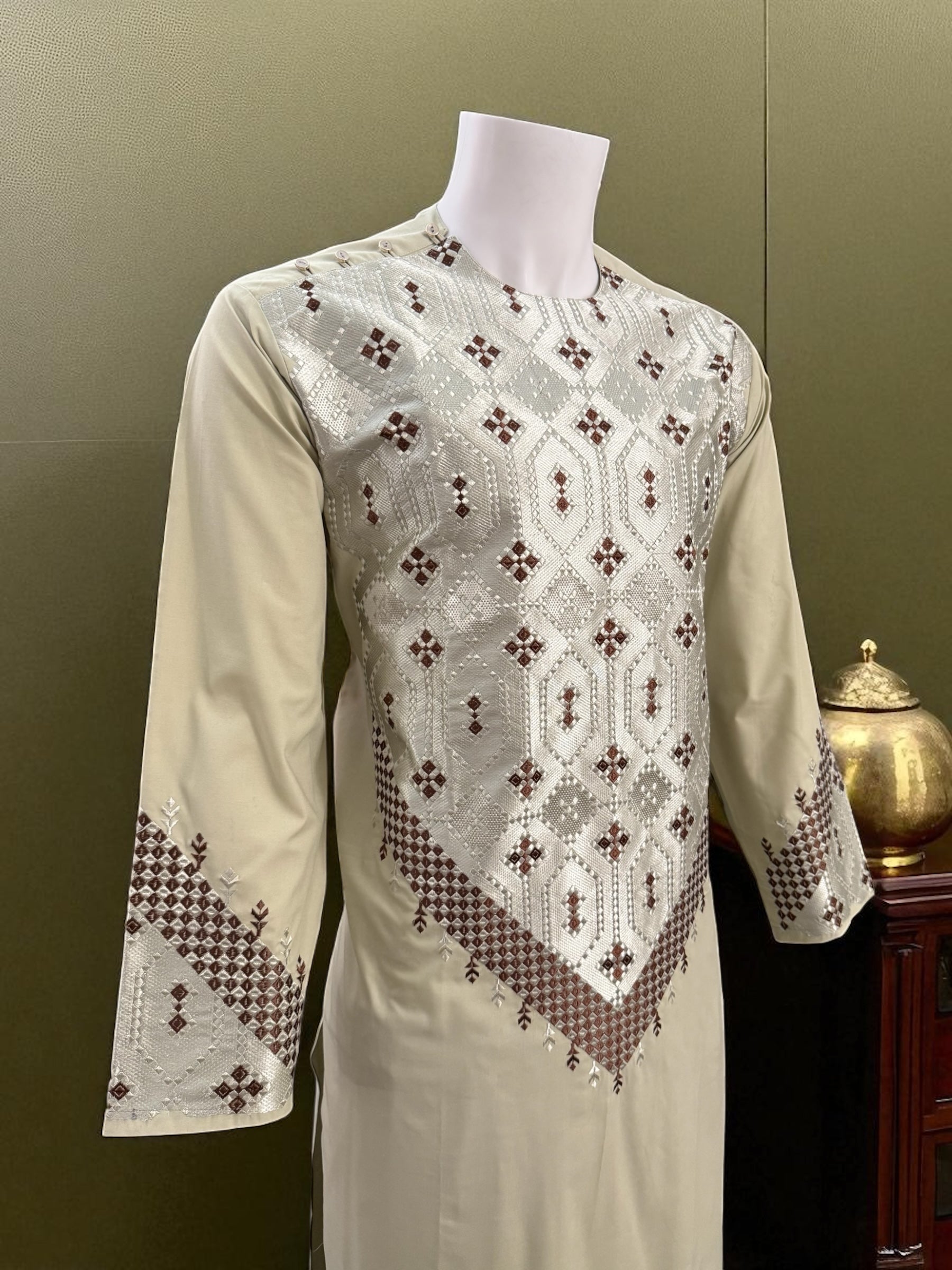 Sage Green Men’s Kameez with Brown and Matching Sage Machine Embroidery – Large