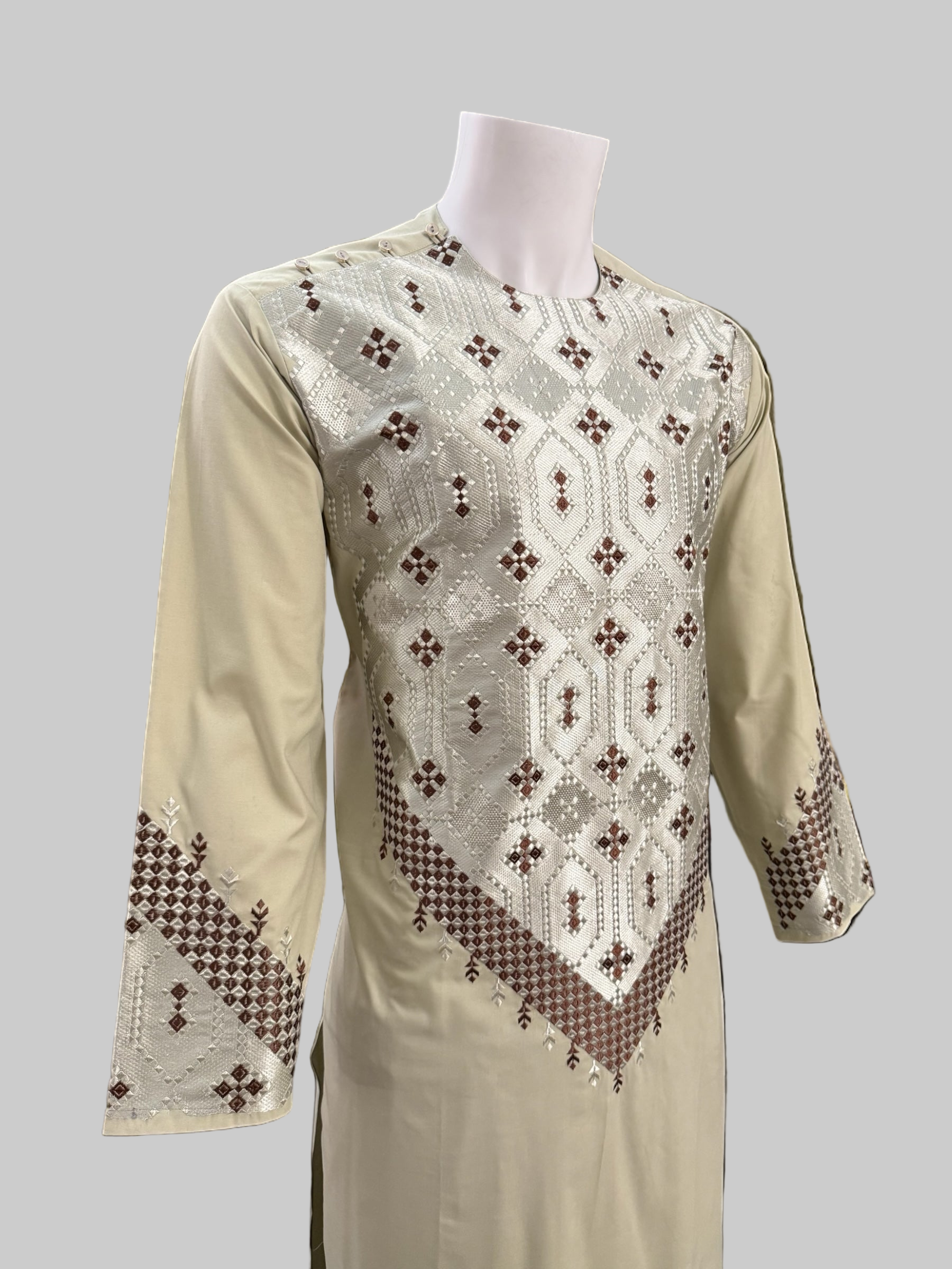 Sage Green Men’s Kameez with Brown and Matching Sage Machine Embroidery – Large