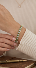 Green Oval Crystal Leaf Tennis Bracelet – Silver Tone Sparkling Statement Bracelet, Jewelry Gift Box Included 7076