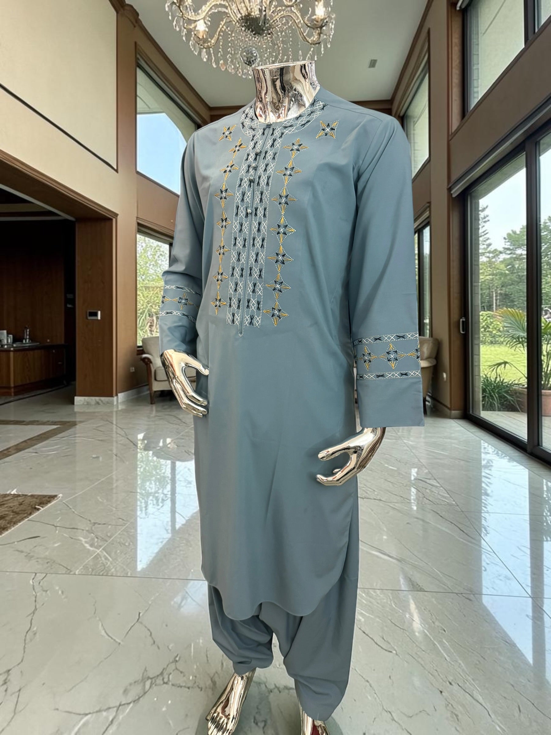 Men’s Gray Blue Embroidered Afghan Parahan Tunban with Shawl Small and Large Available