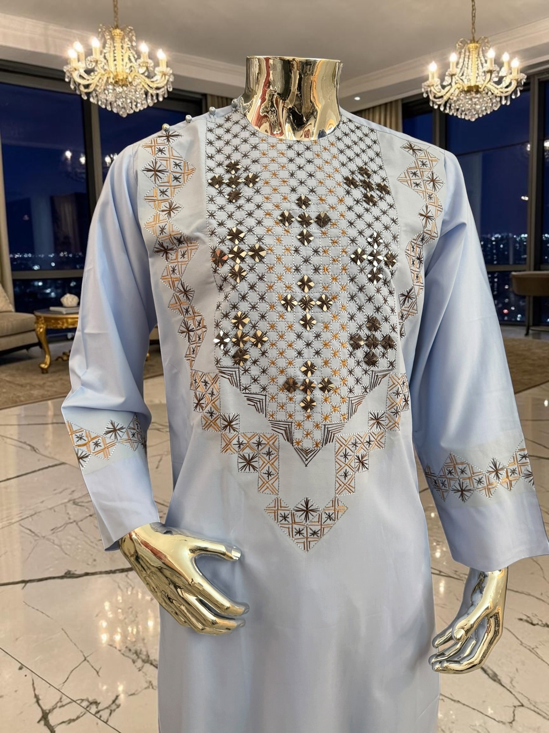 Medium Sky Blue Handmade Mirror Embroidered Afghan Parahan Tunban Set with Chadder
