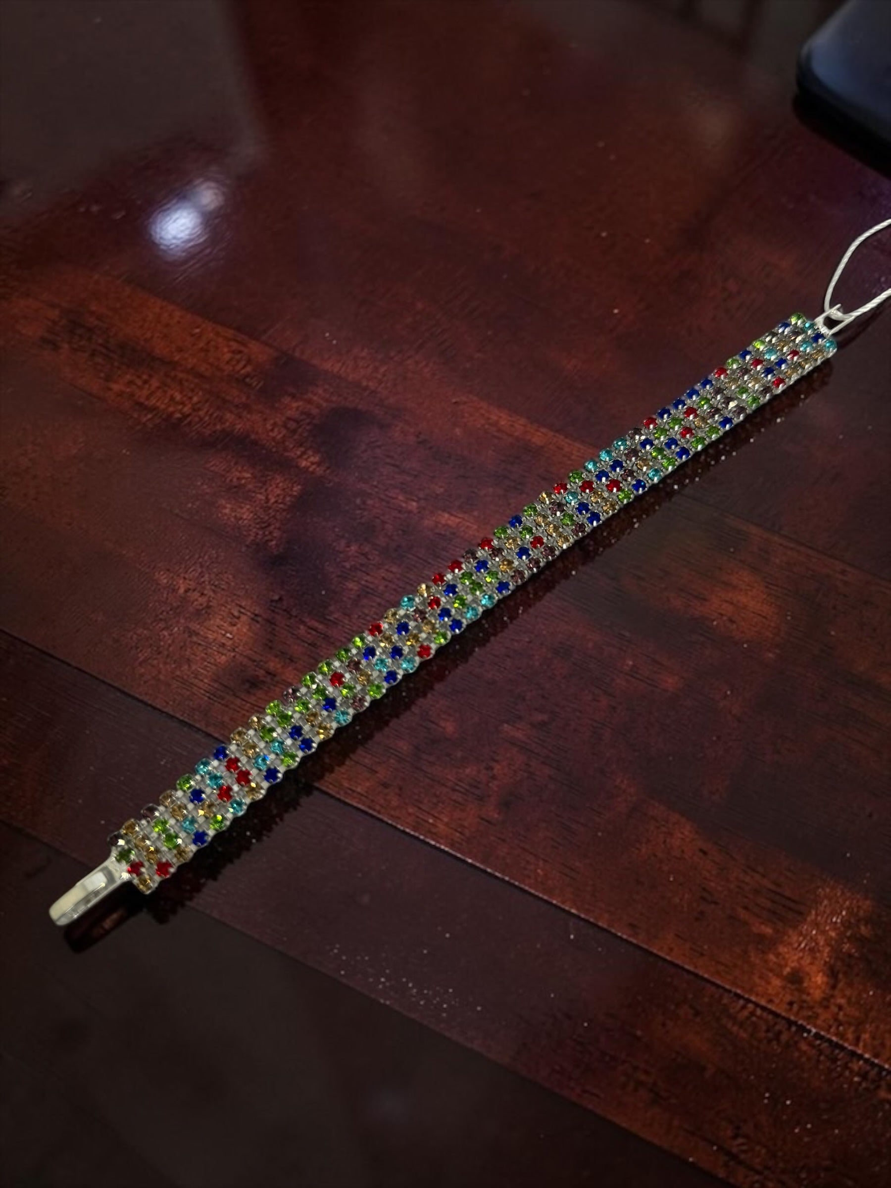 Multicolor Crystal Statement Bracelet – Wide Rainbow Rhinestone Silver-Tone Bracelet for Women 7068