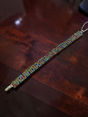 Multicolor Crystal Statement Bracelet – Wide Rainbow Rhinestone Silver-Tone Bracelet for Women 7068