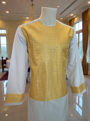 Medium White and Gold Afghan Parahan Tunban for Men with Machine Embroidery