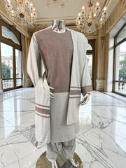 X-Large Premium Gray Parahan Tunban Set with Brown Machine Embroidery