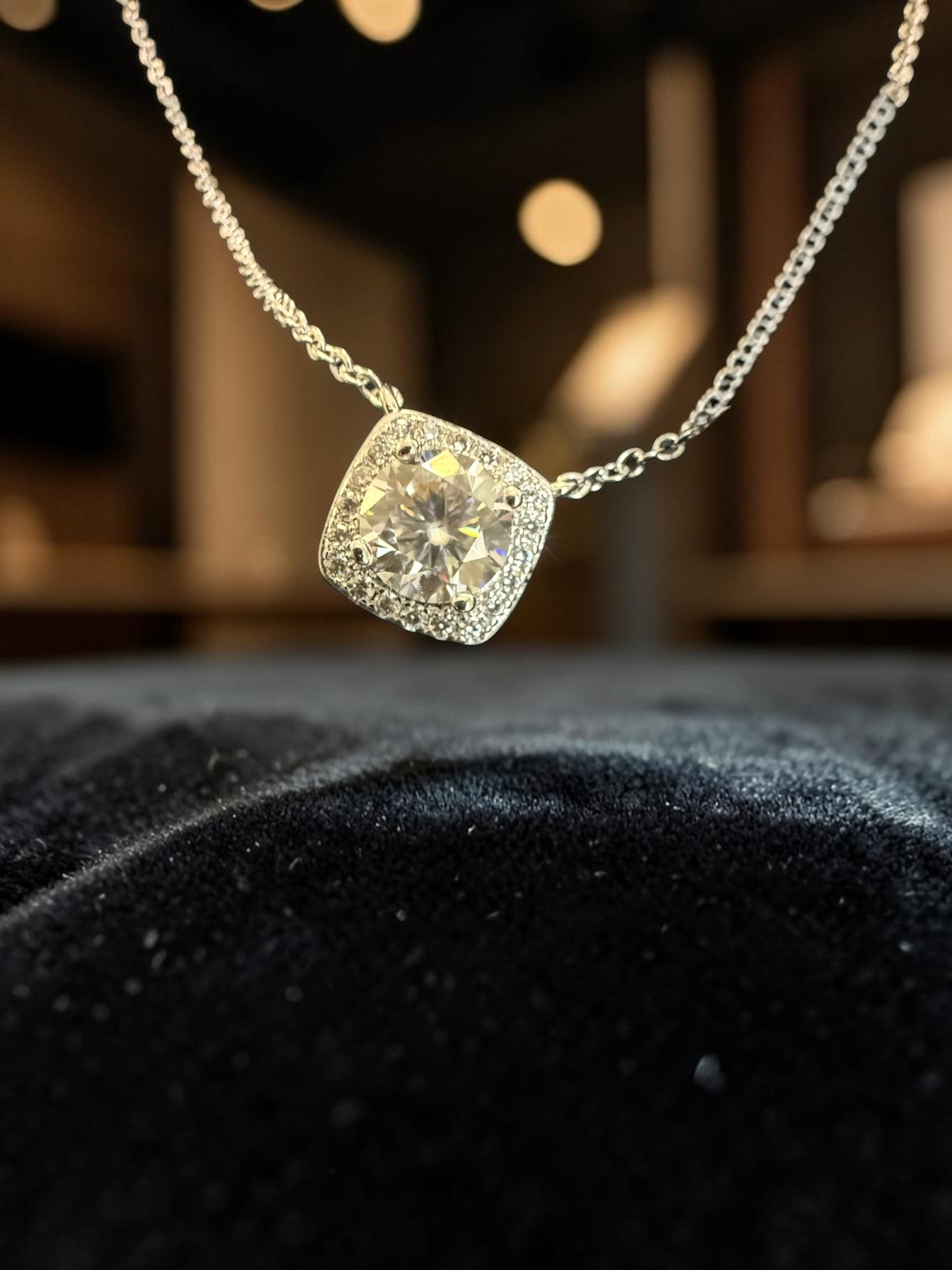 Cushion Halo Moissanite Necklace for Women – Round Moissanite Pendant, GRA Certified, High-Quality Brass, Gift Box Included 7058