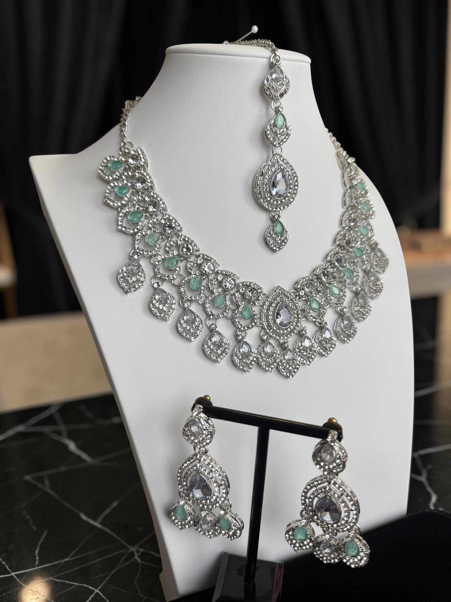 Silver Tone Mint Green Bridal Jewelry Set with Clear Crystal Accents – Necklace, Earrings & Maang Tikka | Indian Pakistani Afghan Wedding Jewelry | Gift Box Included 6027