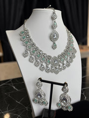 Silver Tone Mint Green Bridal Jewelry Set with Clear Crystal Accents – Necklace, Earrings & Maang Tikka | Indian Pakistani Afghan Wedding Jewelry | Gift Box Included 6027