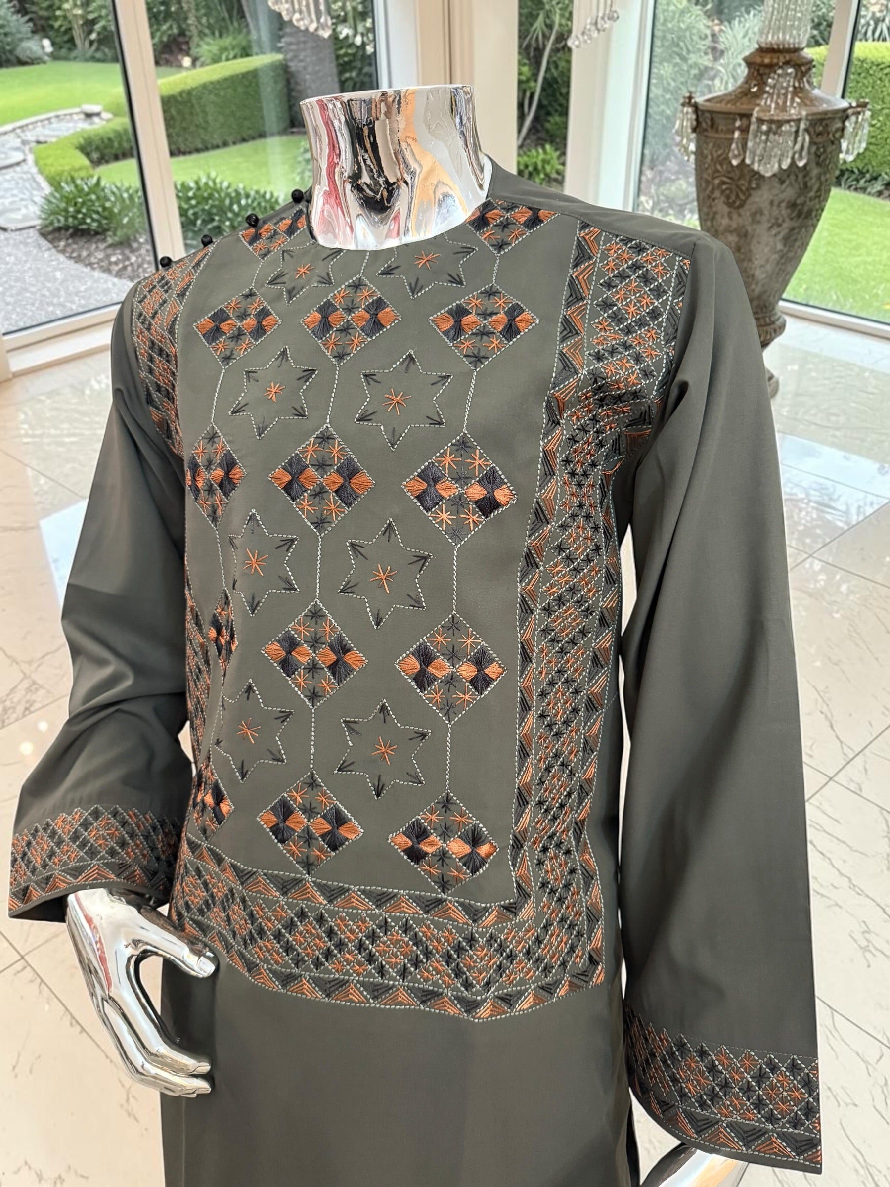 Large Hand Embroidered Dark Green Afghan Parahan Tunban Set with Matching Chadder