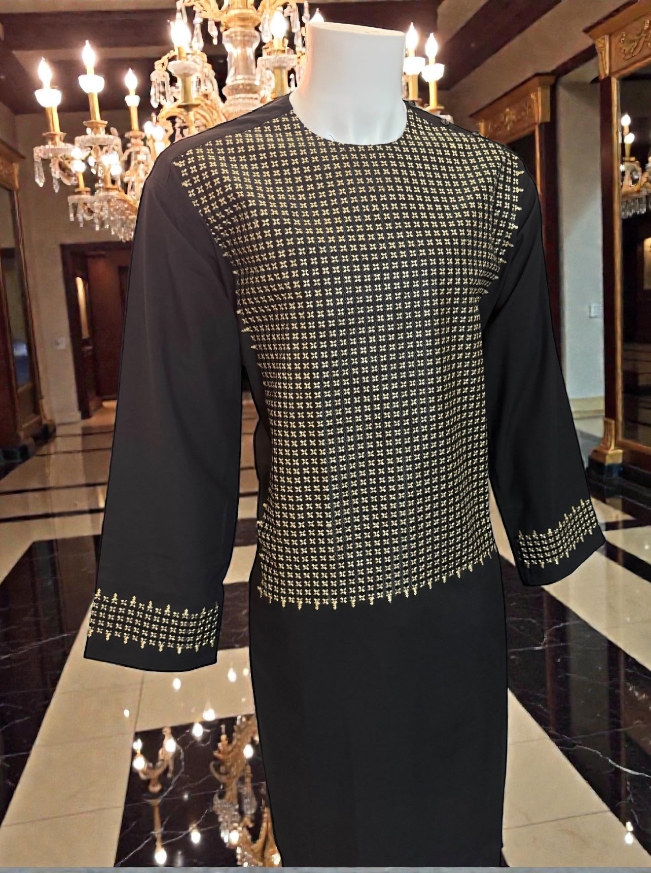 X-Large Black Afghan Parahan Tunban for Men with Machine Embroidery
